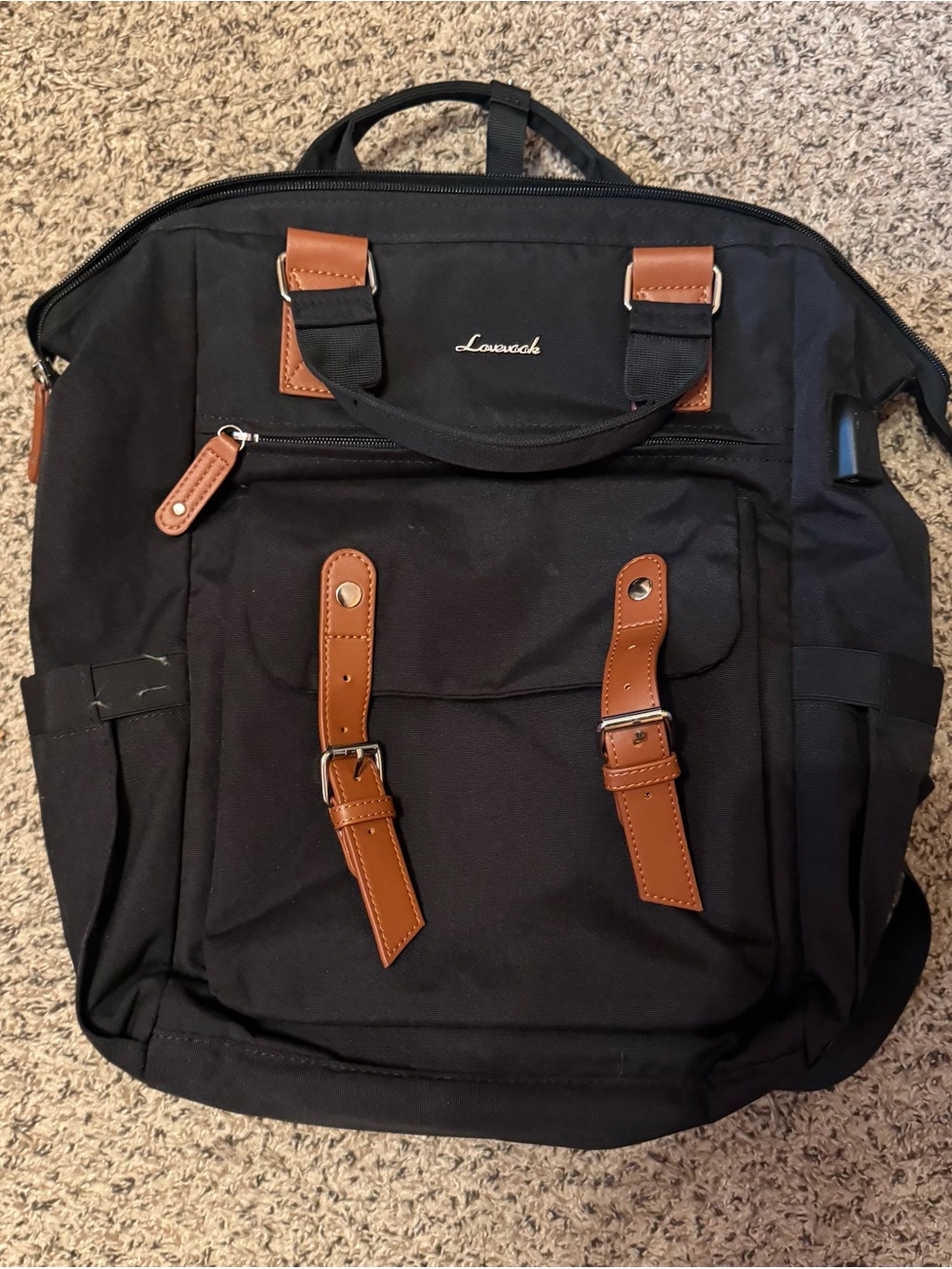 Black Canvas Backpack with Brown Trim